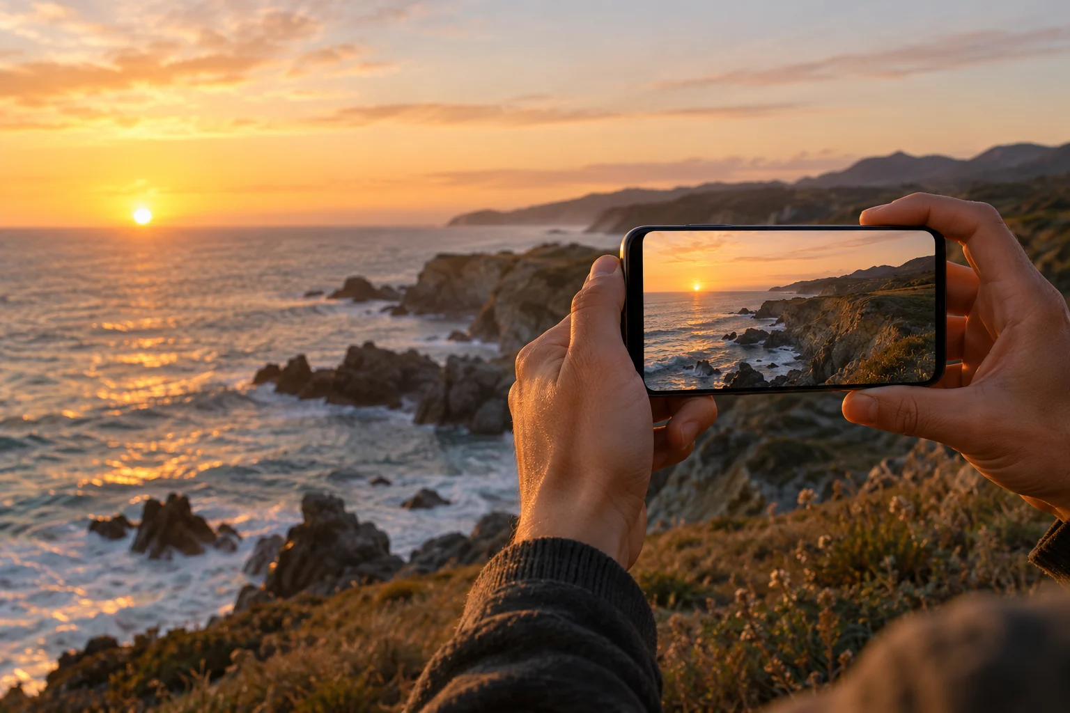 Hands holding a phone photographing a coastal sunset